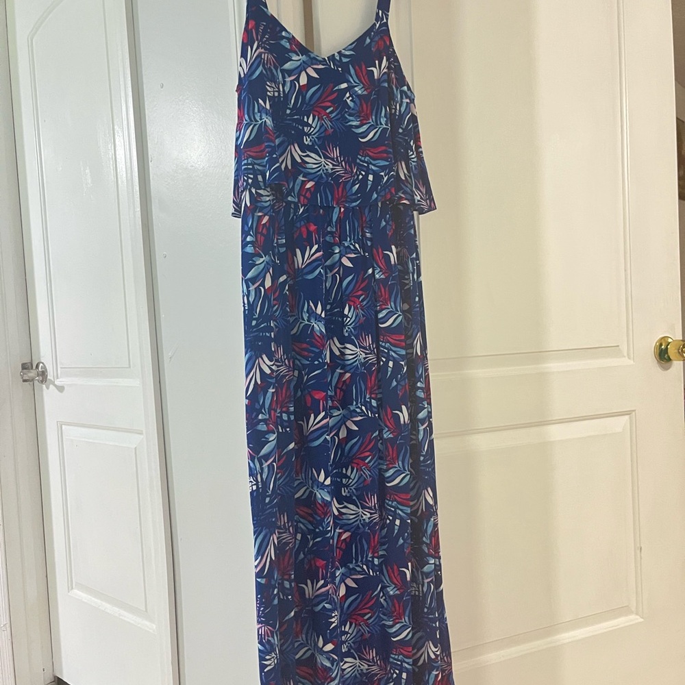 Blue Leaf Print Maxi Dress